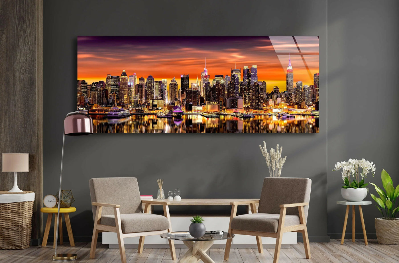 Brilliant color saturation emphasizes the unique modern wall decor of this panoramic glass wall art featuring the Midtown Manhattan night skyline and water reflection.