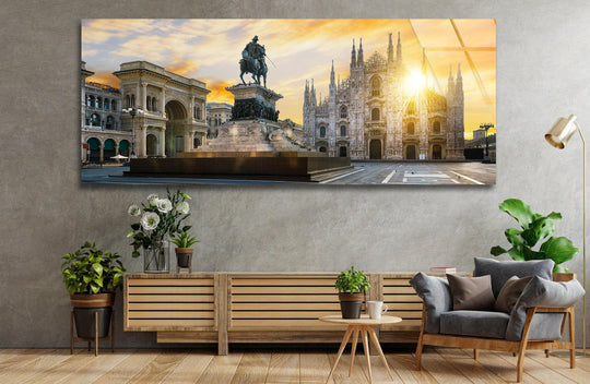 Featuring sleek edges and borders, this Milan Duomo Cathedral glass wall art presents a vibrant glass art painting showcasing Italian elegance with a panoramic cathedral view.