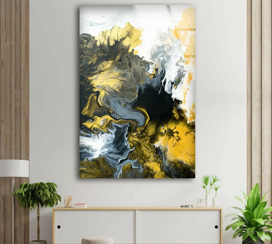 Black and white with gold abstract glass wall art prints featuring clean, finished edges on a minimalist white wall.