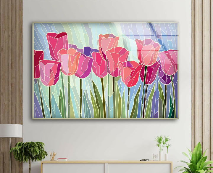 Pink Tulip Stained Glass Wall Art, large glass photo prints, glass wall photos