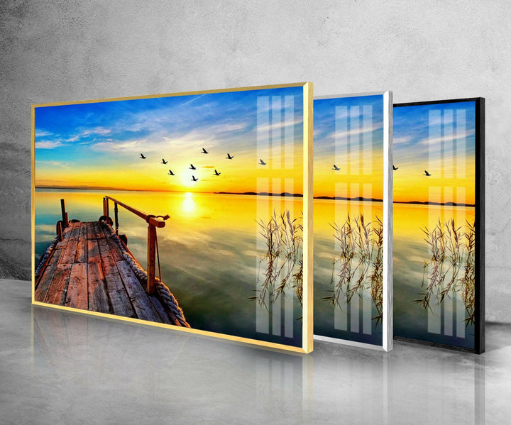 Golden Sunrise Over the Dock: A Peaceful Morning on Glass Wall Art