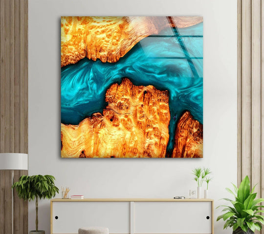 Vibrant teal and golden wood tones in this abstract glass art piece create a highly saturated, flowing visual for your wall.