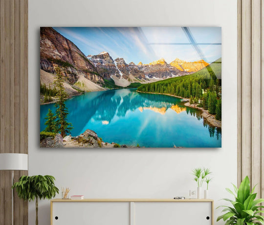 Crystal Clear Waters of Moraine Lake – A Scenic Glass Artwork
