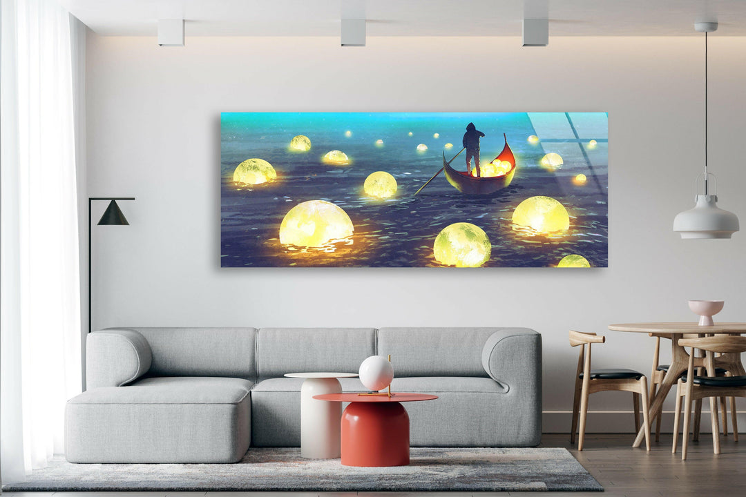Surreal digital artwork of a boat gliding through floating celestial lights.
