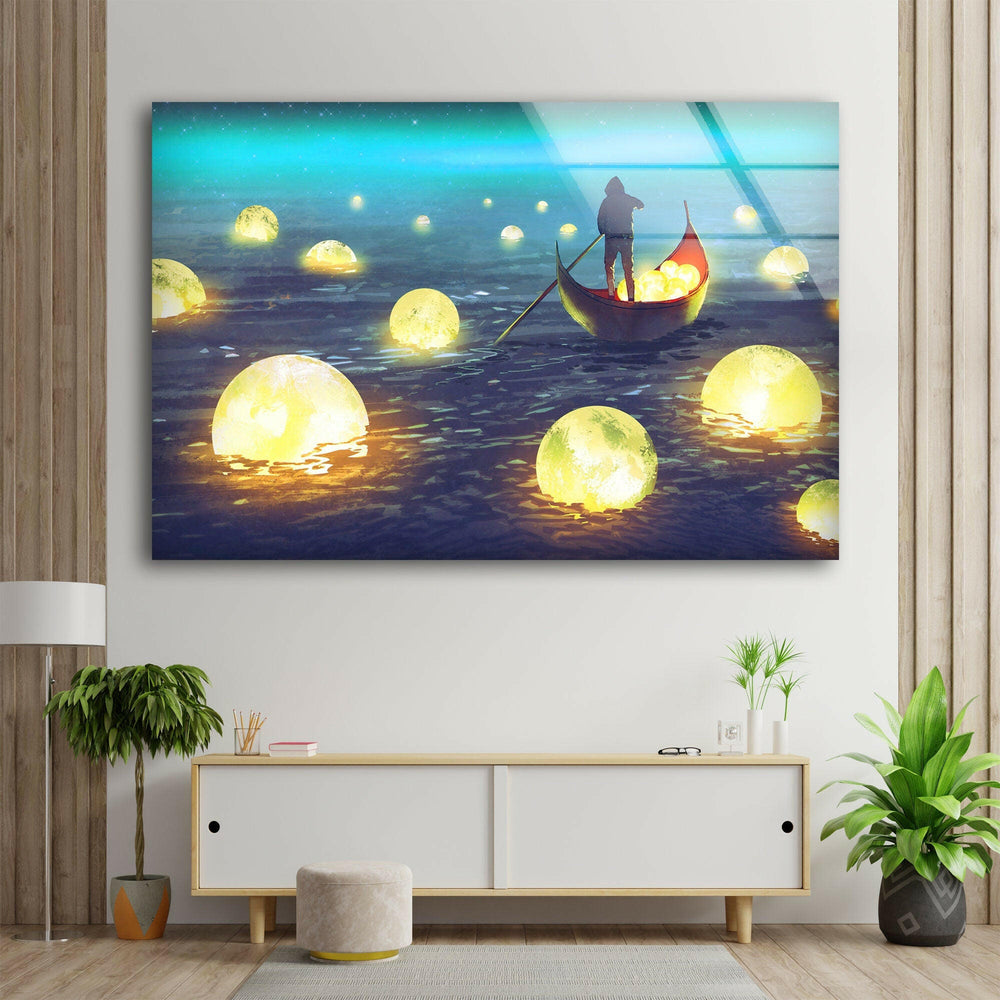 Dreamlike artwork depicting illuminated spheres drifting across a dark blue sea.
