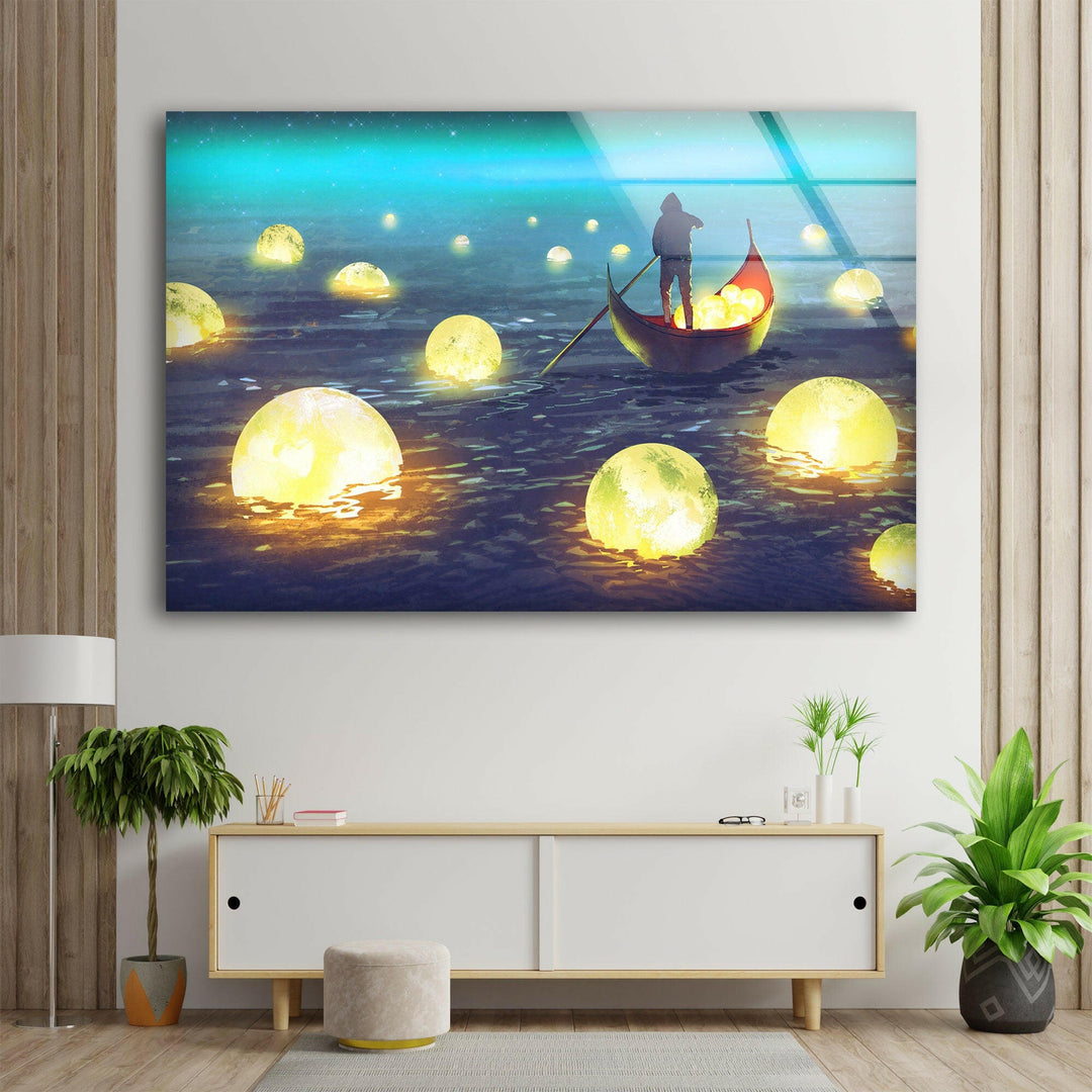 Dreamlike artwork depicting illuminated spheres drifting across a dark blue sea.
