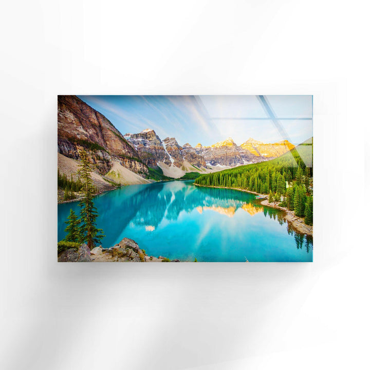 Nature art prints featuring the serene scenery of Moraine Lake surrounded by evergreen forests.
