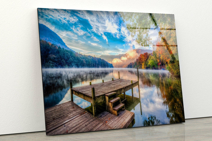 Nature art prints showcasing a breathtaking lake scene with reflections of the sky and vibrant foliage.
