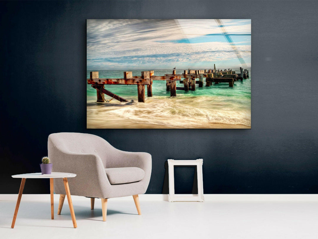Aged Wooden Pier and Flowing Waves – A Stunning Glass Art Piece
