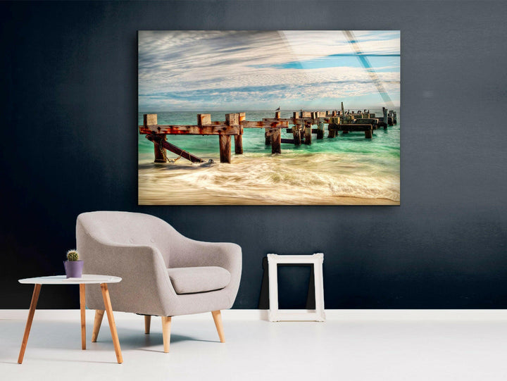 Aged Wooden Pier and Flowing Waves – A Stunning Glass Art Piece
