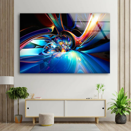 The brightest, most intense electric blue abstract glass wall art decor swirls with vibrant crimson and fiery orange hues.