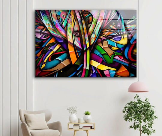 A highly saturated stained graffiti abstract glass printing with vibrant, bold colors and sharp lines.