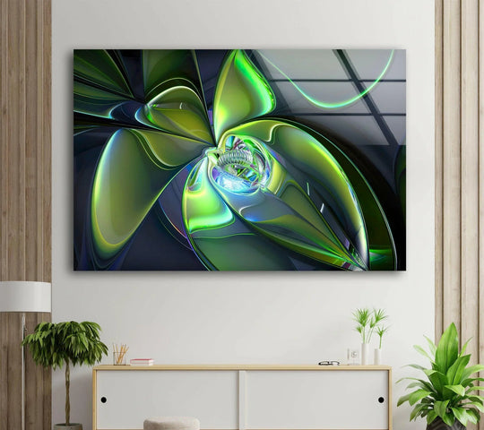 Vibrant green 3D fractal glass wall art explodes with luminous, swirling energy, the loudest element in this abstract scene.