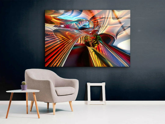 A horizontal rectangle of glass wall art decor features a vibrant, swirling abstract shape with sharp, metallic edges.