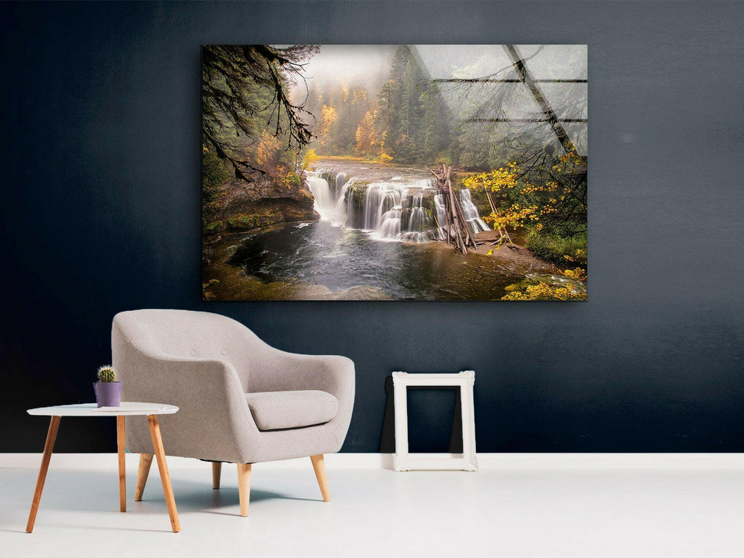 Tranquil Cascade in the Woods – A Stunning Glass Wall Art
