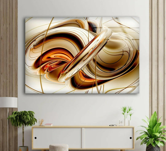 A stunning focal point of swirling brown and gold abstract forms presented as a modern fractal art glass printing.