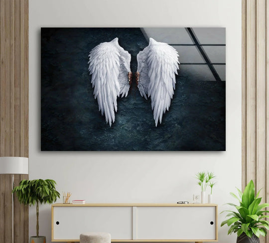 Expansive white angel wings are the loudest element in this dramatic cool art glass wall art print.