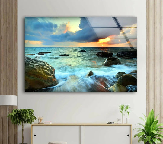 Landscape glass wall art sunset cloudy sea nature print featuring seascape colors and sunset artwork and wall art bringing nature's beauty into your space