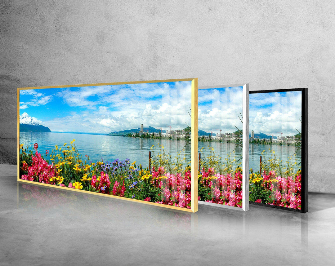 Floral Lake Landscape Glass Wall Art, custom glass photo prints, large glass prints