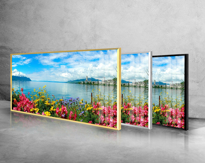 Floral Lake Landscape Glass Wall Art, custom glass photo prints, large glass prints