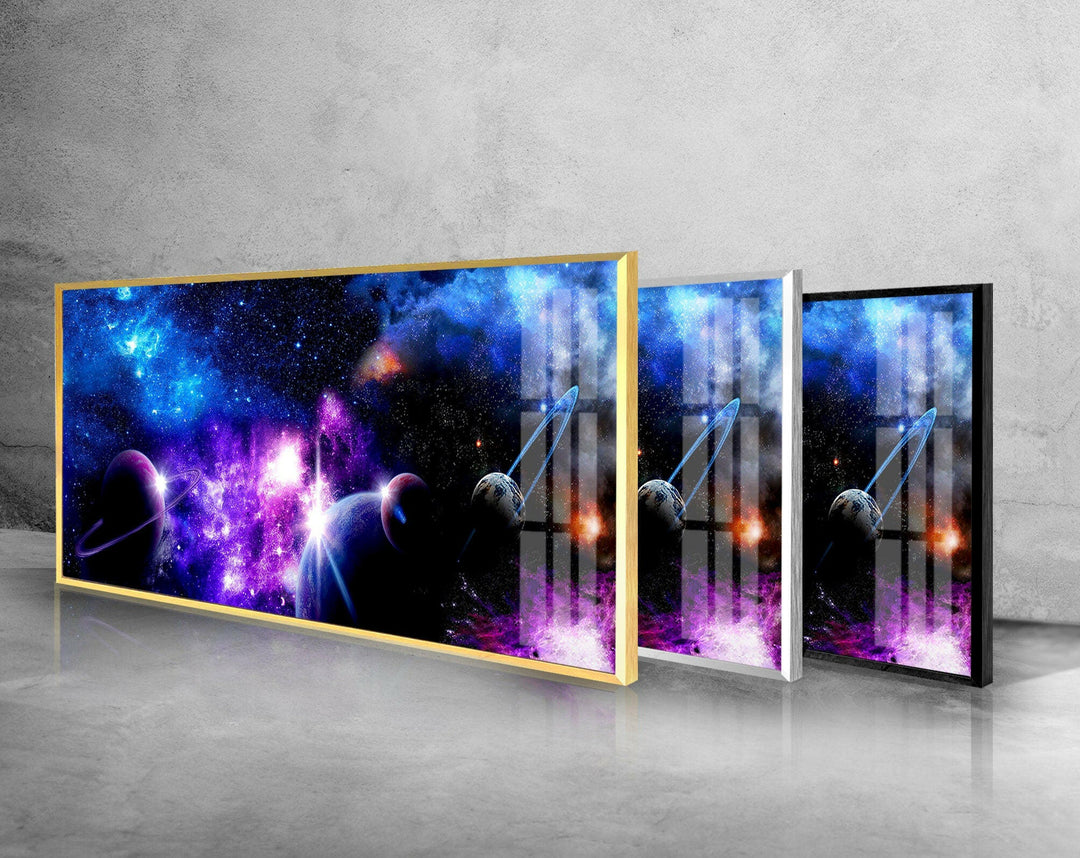 Purple Galaxy With Planets Glass Wall Art, photo print on glass, prints on glass wall art