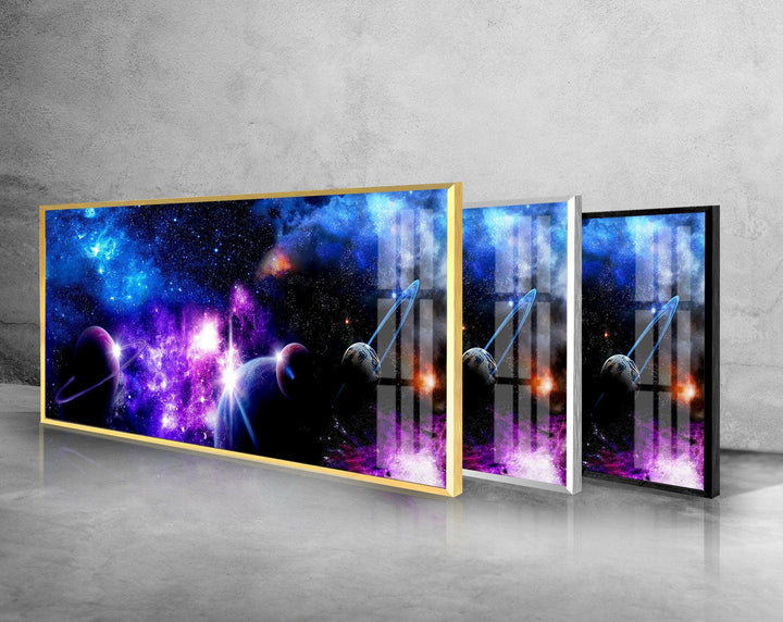 Purple Galaxy With Planets Glass Wall Art, photo print on glass, prints on glass wall art