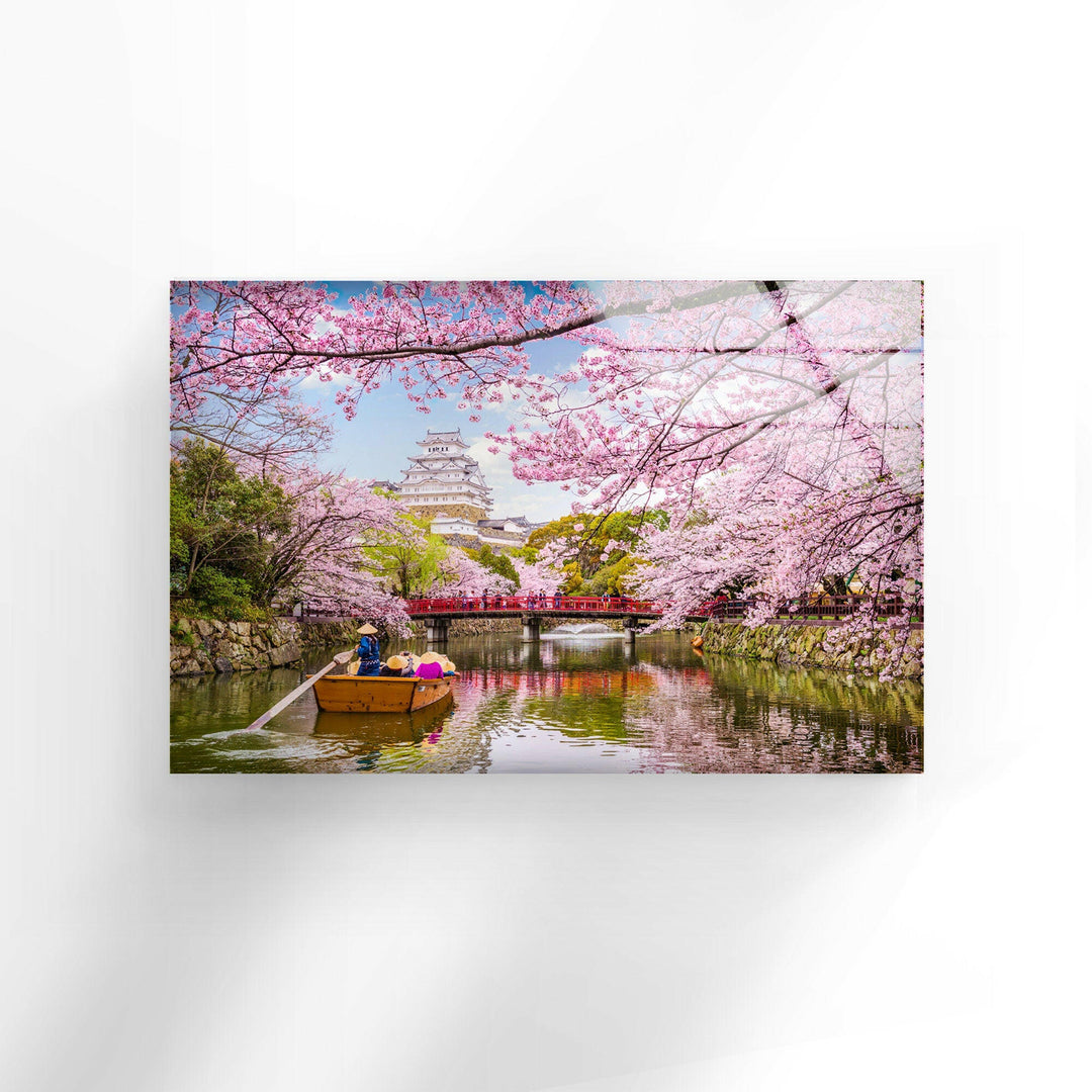 Japanese Castle with Pink Blossoms – A Beautiful Glass Artwork
