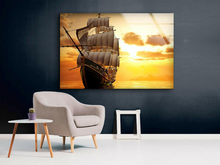 A vintage-style ship floating on calm waters, perfectly framed by a radiant evening sky.
