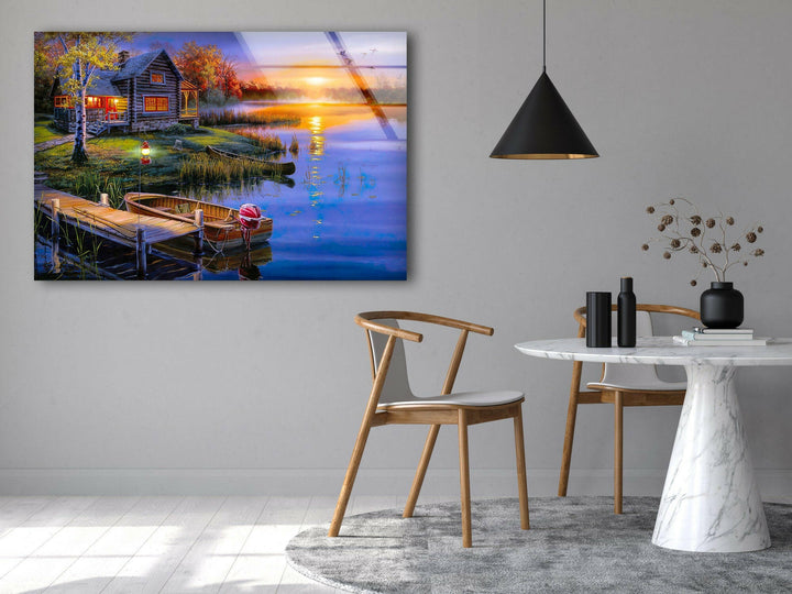 Sunset Lake House Glass Wall Art glass image printing, glass prints from photos