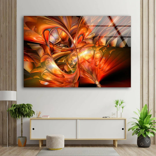 Orange abstract fractal glass wall art decor with intricate, swirling layers of fiery hues creating a sense of deep, dynamic visual complexity.