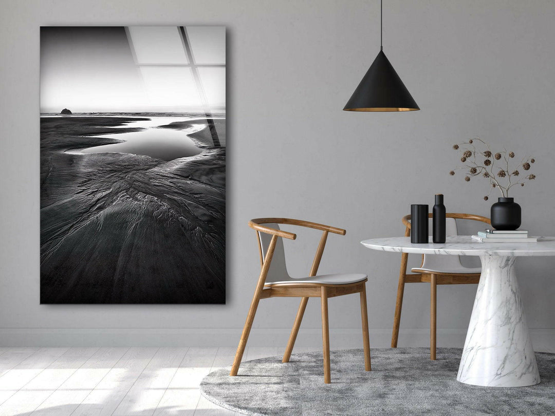 Black and white beach art capturing the calming essence of a seaside escape, perfect for modern interiors.
