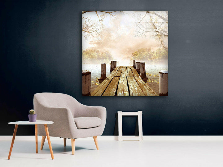 Serene Lakeside Sunrise with Wooden Dock – A Tranquil Landscape Print
