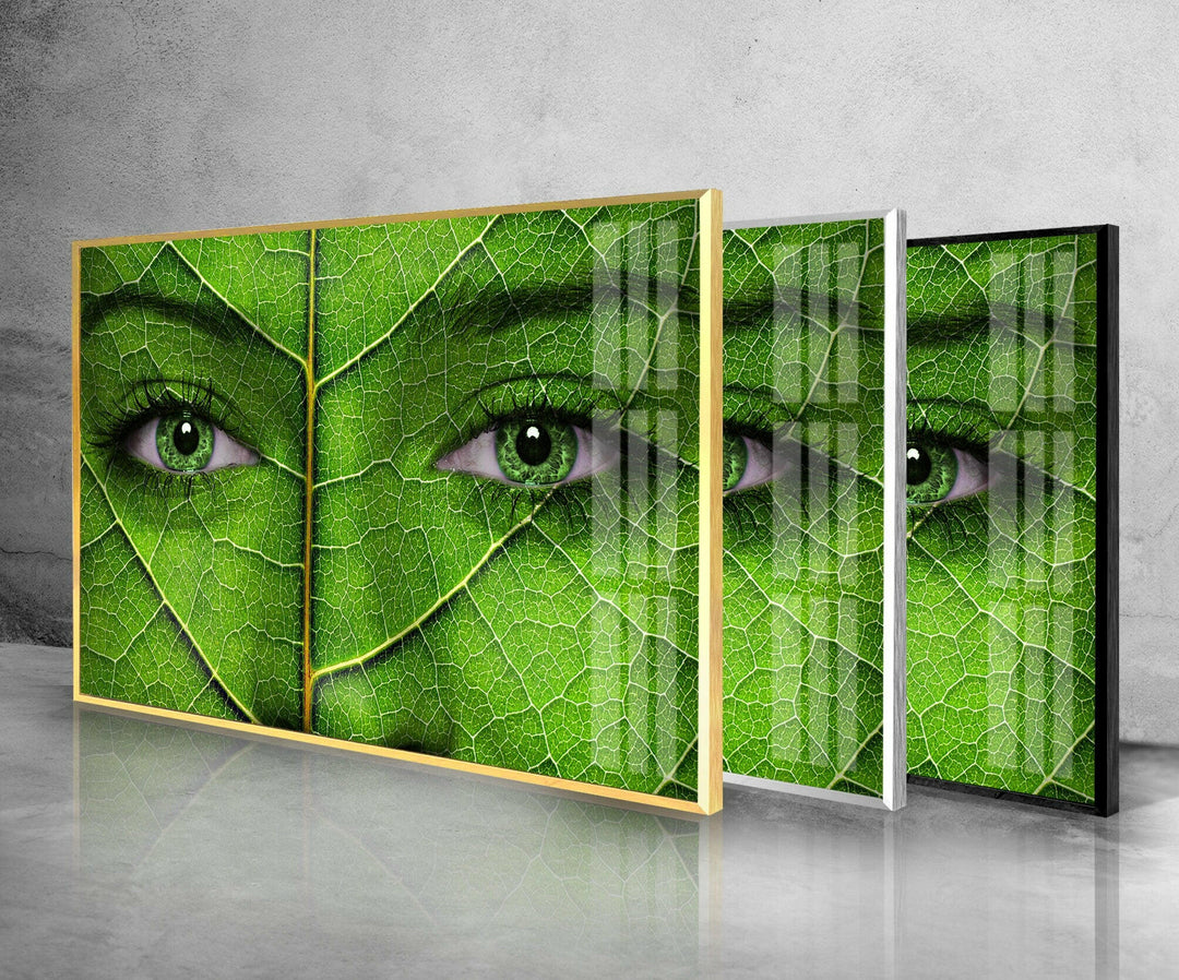 Woman Face with Green Leaf Texture Glass Wall Art