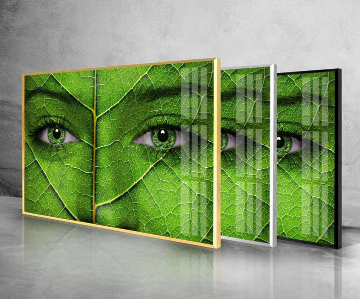 Woman Face with Green Leaf Texture Glass Wall Art
