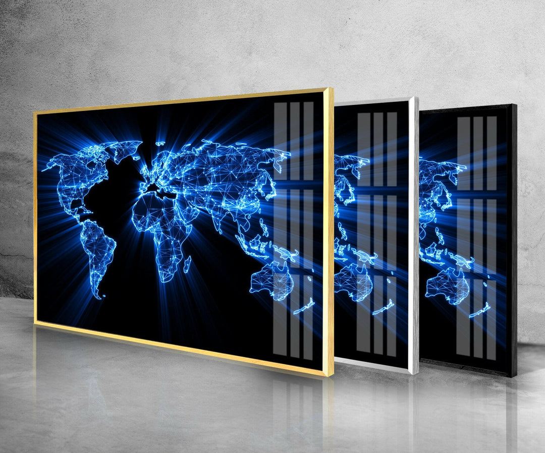 Wandbild aus Glas mit Weltkarte in Blau