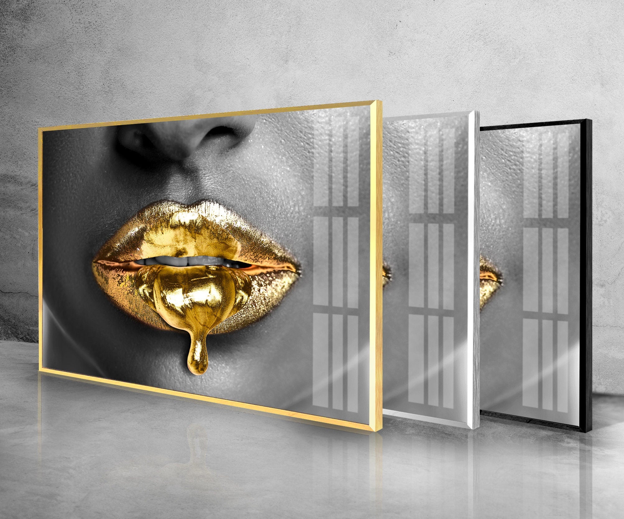 Black Woman Gold Lips Tempered Glass Wall Art
