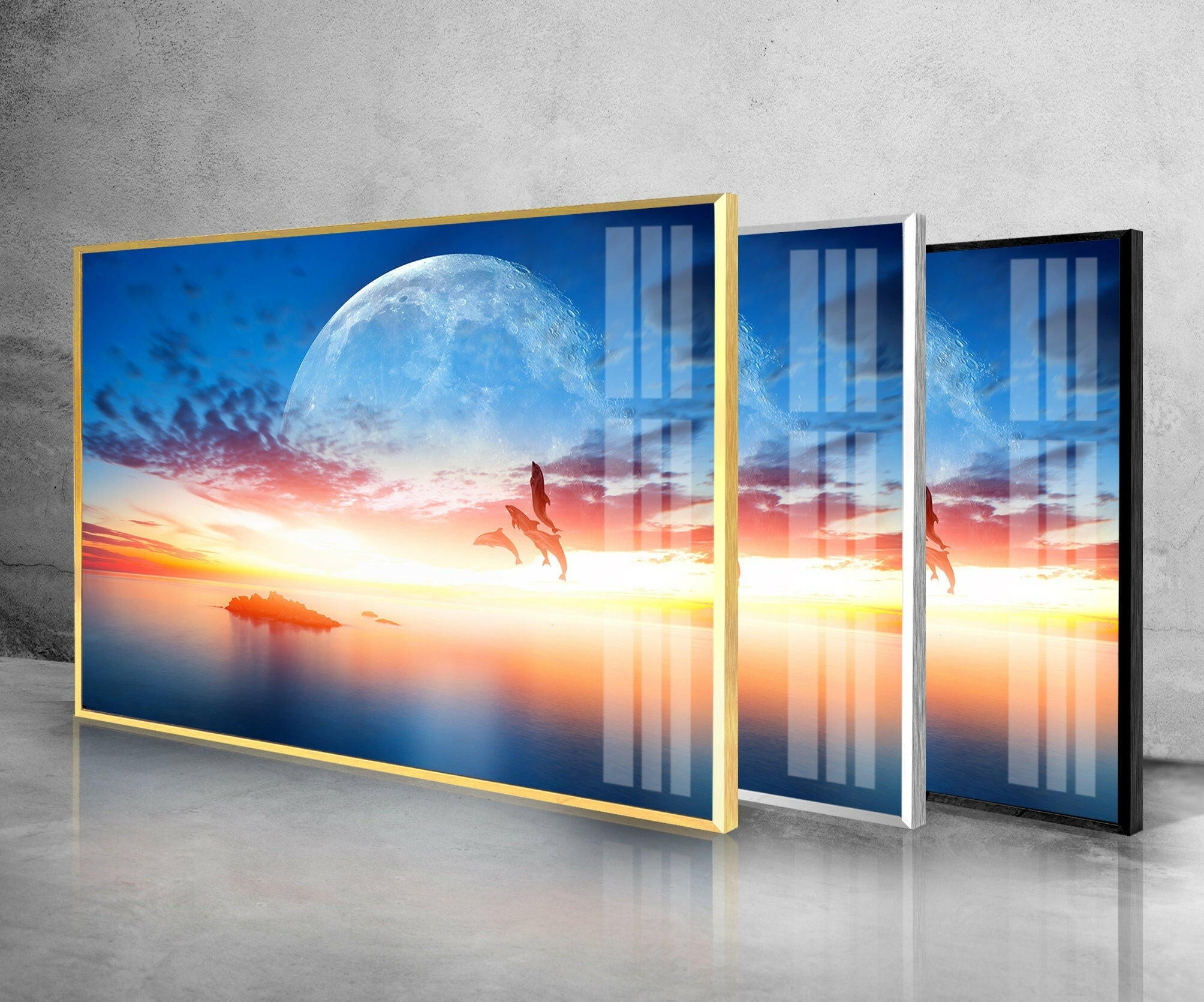 Sunset With Super Moon Tempered Glass Wall Art