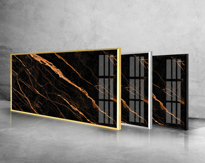 Black Marble With Orange Veins Glass Wall Art, custom glass pictures, glass art prints