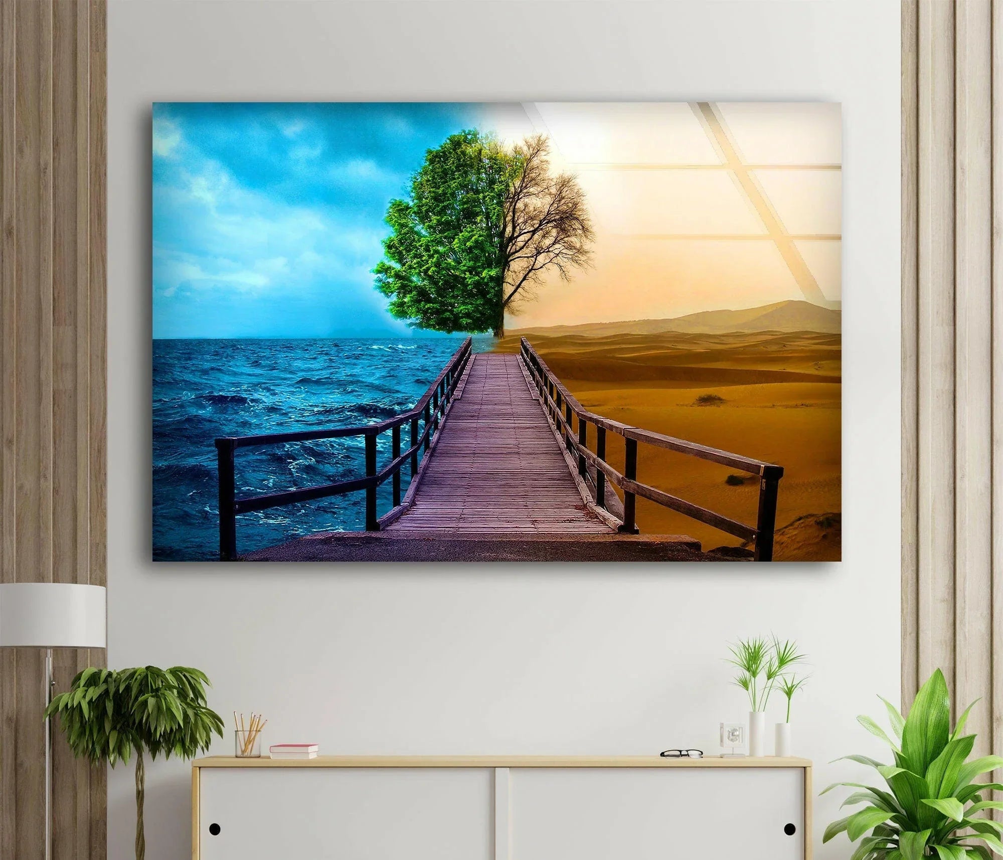 Bridge Between Two Worlds Glass Wall Art – A Stunning Contrast of