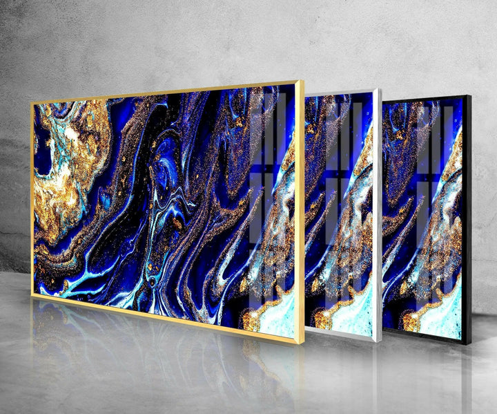 Blau mit Gold funkelt abstrakte Glaswandkunst