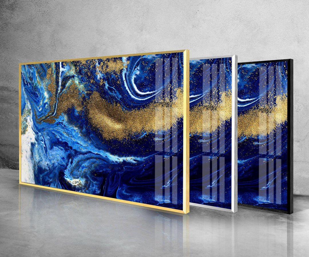 Marbled Blue and Gold Abstract Glass Wall Art