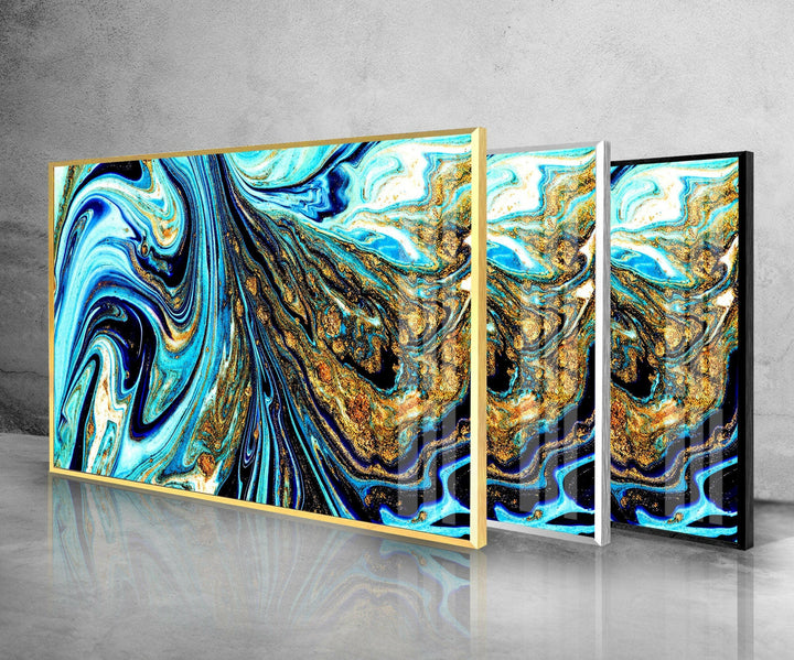 Blaue und goldene Adern Alkoholtinte Glaswandkunst