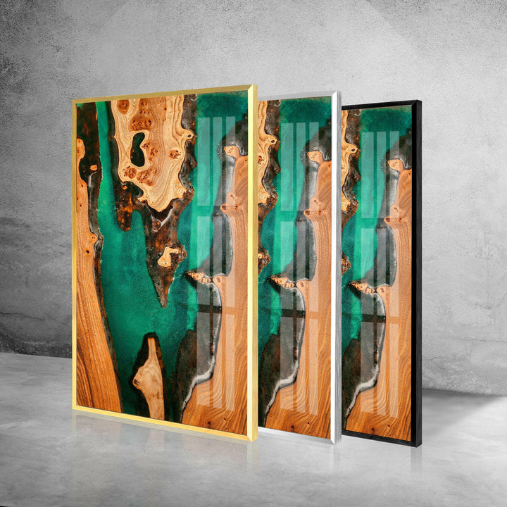 Abstrakte Wandkunst aus Glas in grünem Epoxidharz