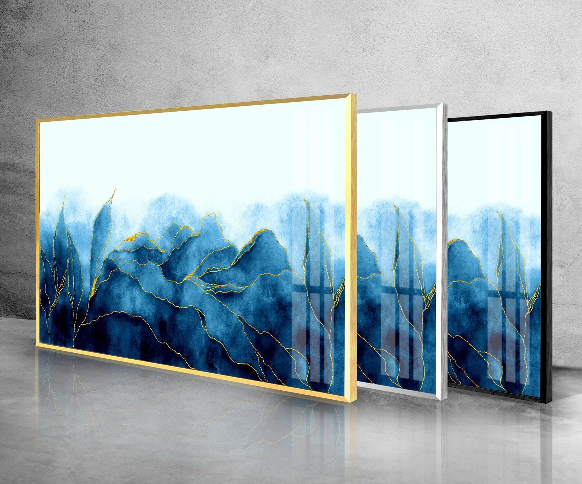 Golden Blue Leaves Tempered Glass Wall Art