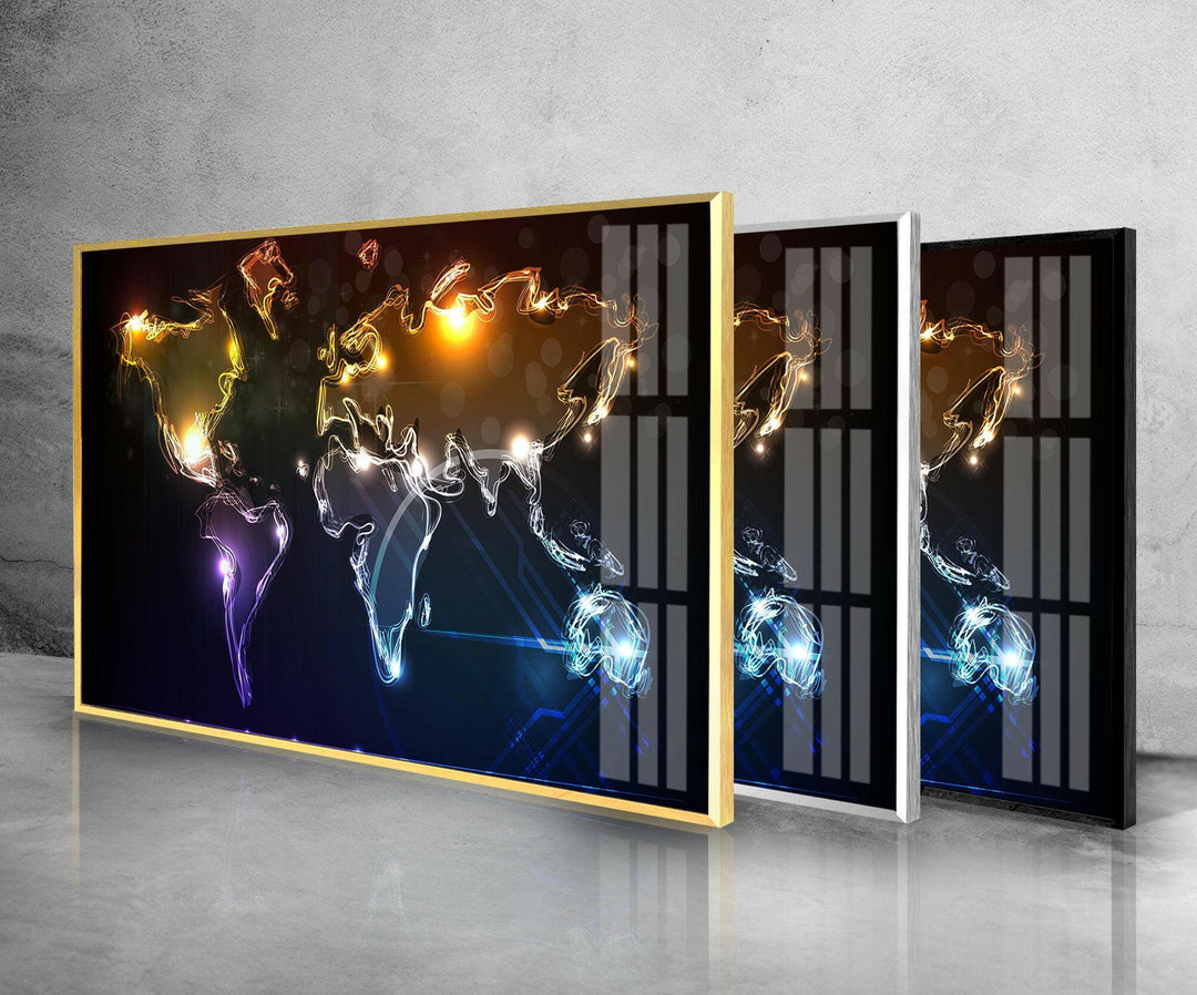 Neon World Map Glass Wall Art