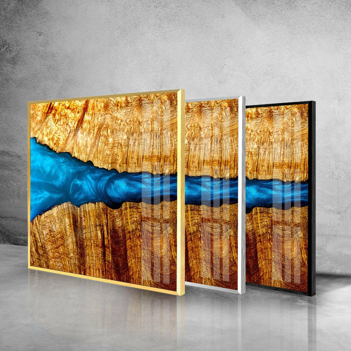 Epoxy Pattern Wood and Blue Glass Wall Art