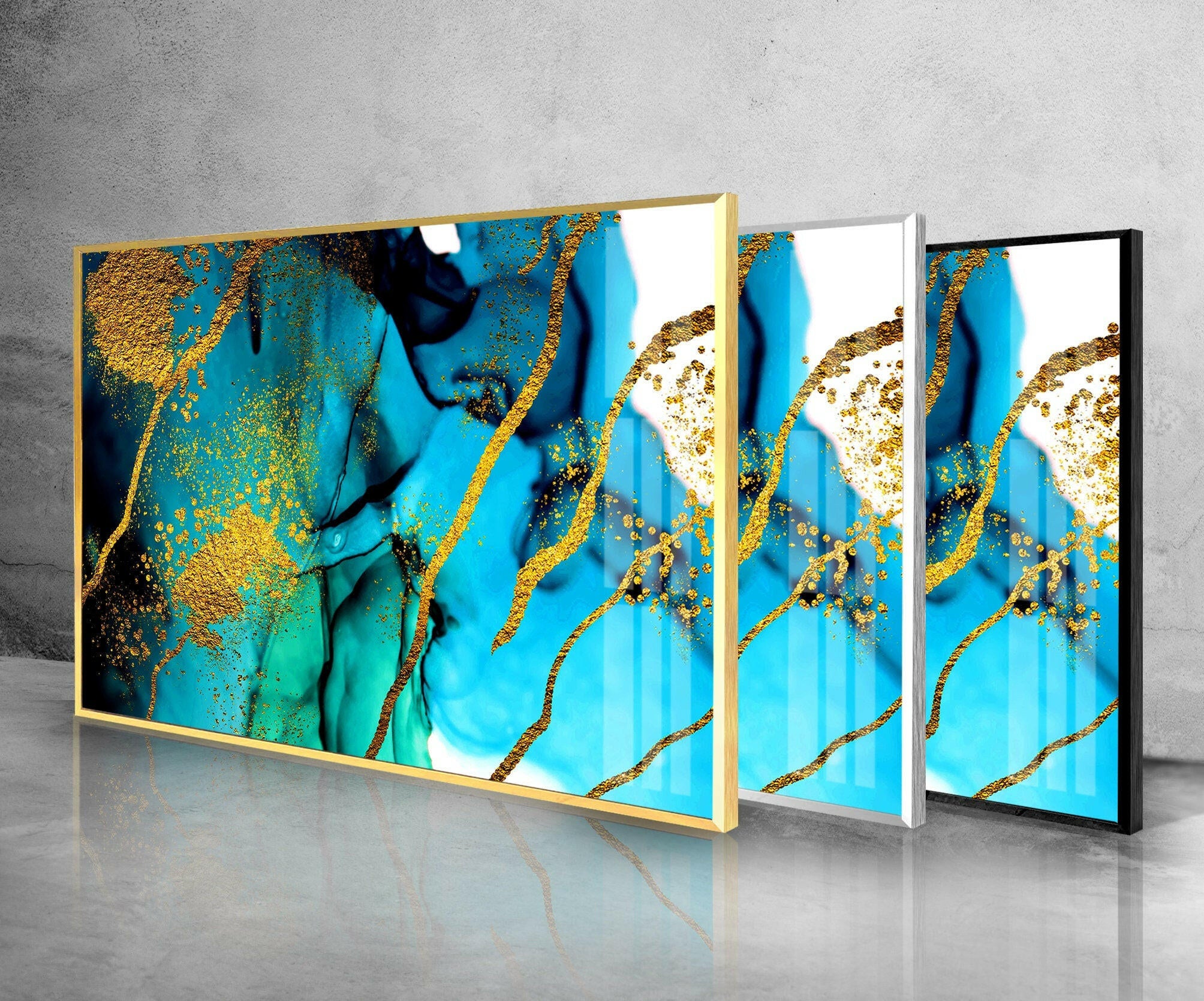 Blue and Golden Marble Tempered Glass Wall Art