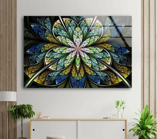 Brightest areas of this stunning blue fractal flower glass wall art create a luminous centerpiece.