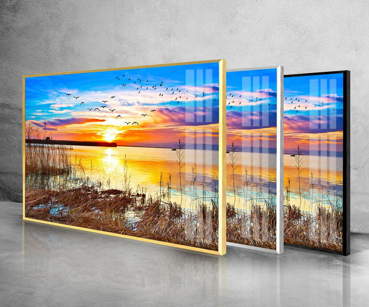 Golden Sunset Over the Lake: A Serene Nature Scene on Glass Wall Art