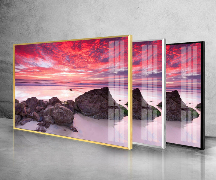 Pink Sunset Over Rocky Shore - Stunning Glass Wall Art for Home & Office